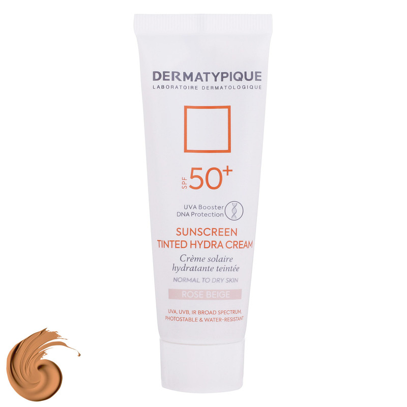 کرم ضد آفتاب رنگی درماتیپیک، 50 SPF، مدل هیدرا، مناسب پوست نرمال تا خشک تنالیته رنگ روشن و حجم 50 میلی‌لیتر، محافظت کننده در برابر اشعه UVA، UVB، IR، ضد آب، ضد خطوط ریز و پیری پوست، مرطوب کننده، التیام‌بخش، با ماندگاری 2 ساعته