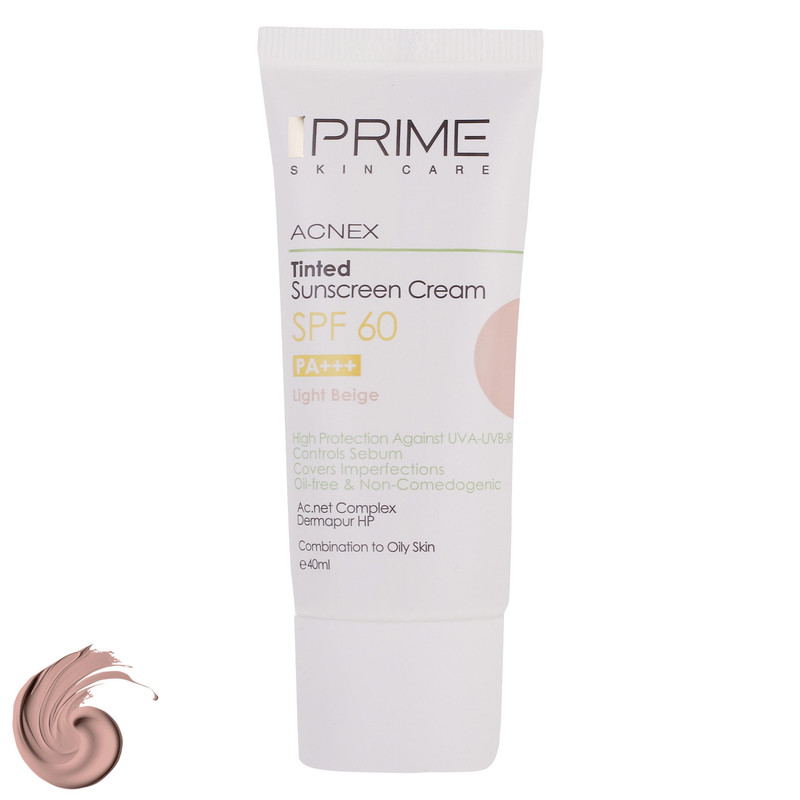 کرم ضدآفتاب رنگی پرایم SPF60 مدل Acnex، مناسب پوست‌های چرب، حجم 40 میلی‌لیتر