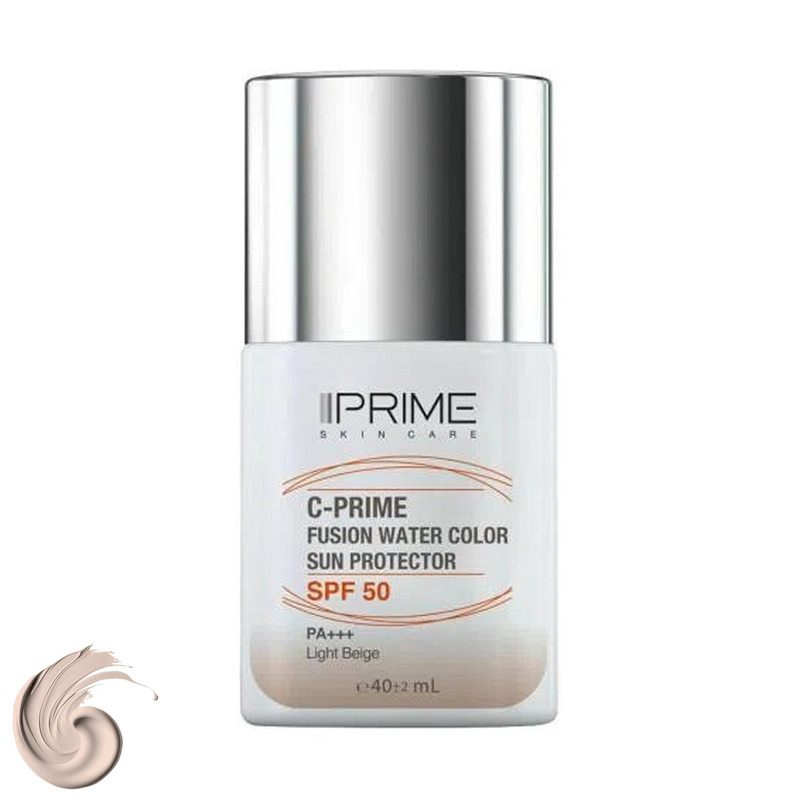 فلوئید ضد آفتاب رنگی پرایم، SPF 50، مدل فیوژن واتر، مناسب انواع پوست  با تنالیته روشن و حجم 40 میلی لیتر، محافظت‌کننده در برابر  اشعه‌های PA++++ ،UVA ،UVB، دارای فرمولاسیون فاقد چربی، ویتامین سی و آنتی اکسیدان، با ماندگاری 4 ساعته